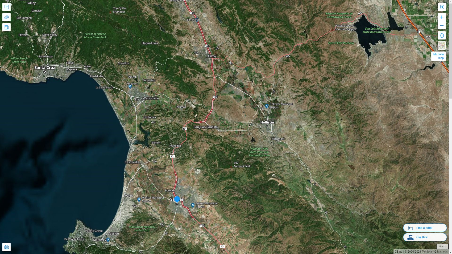 Salinas California Highway and Road Map with Satellite View